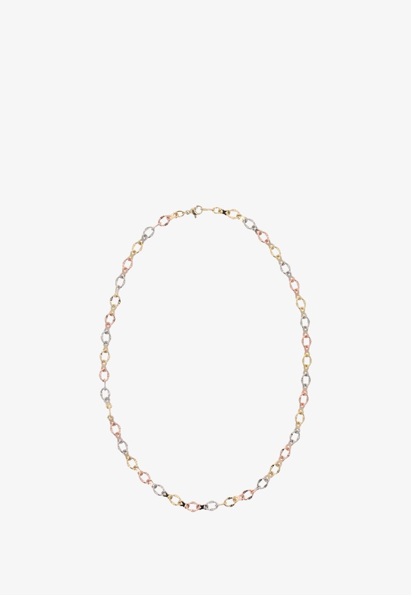 Kette aus Gold, Silber und Roségold, bestehend aus verbundenen ovalen und kreisförmigen Formen, mit einer strukturierten Oberfläche und einem Verschluss.