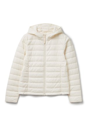 Lehká krémová mikinová bunda s prošívanými horizontálními pruhy, předním zipem a dvěma bočními kapsami. Hladký povrch, zateplená pro teplo.