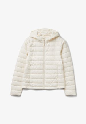 Lehká krémová mikinová bunda s prošívanými horizontálními pruhy, předním zipem a dvěma bočními kapsami. Hladký povrch, zateplená pro teplo.