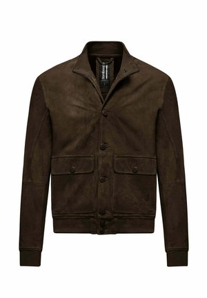 Giacca in suede marrone scuro con chiusura a bottoni, due tasche frontali con patta, polsini e colletto a costine, taglia grande.