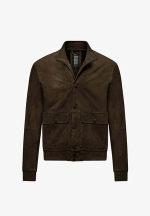 Dunkelbraune Wildlederjacke mit Knopfverschluss, zwei vorderen Klappentaschen, gerippten Bündchen und Kragen, Größe Large.