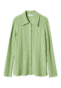 Chemise texturée vert clair à manches longues avec un col pointu et une fermeture à boutons sur le devant, présentant un motif de surface irrégulier et ondulé.