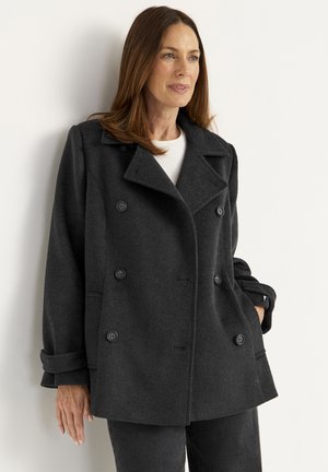 Dunkelgrauer Wollpeacoat mit doppelreihiger Knopfleiste, großen schwarzen Knöpfen, breiten Revers und seitlichen Taschen. Weiche Textur und lockerer Schnitt.