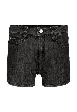 Schwarze Jeansshorts mit fünf Taschen, einem Knopfleistenverschluss und sichtbaren Nähten. Der Stoff hat eine leicht strukturierte Optik.