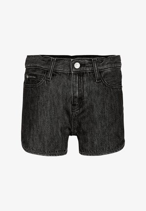 Shorts de mezclilla negros con un diseño de cinco bolsillos, bragueta con botones y costuras visibles. La tela tiene una apariencia ligeramente texturizada.