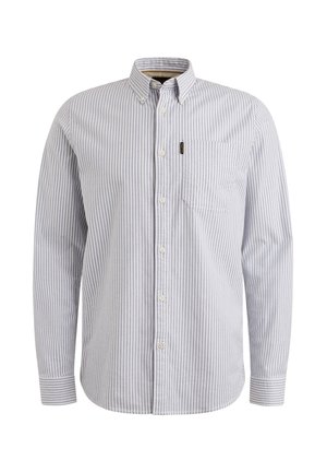 Lange mouwen knoopshirt in lichtblauw en witte verticale strepen. Heeft een kraag, een enkele borstzak en knoopmanchetten. Gemaakt van katoen.