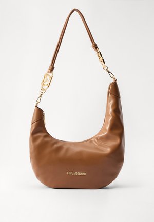 Brown leather shoulder bag with gold chain accents and "LOVE MOSCHINO" logo on front.