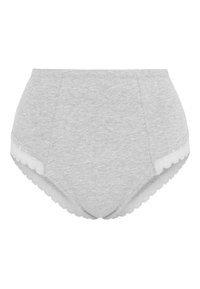 Harmaat korkeavyötäröiset puuvillapöksyt, joissa on aaltoileva pitsireunus. Ne tarjoavat sileän pinnan ja klassisen leikkauksen, joka takaa täydellisen peittävyyden.