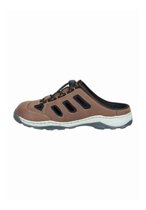 Brown slip-on sandal with black elastic laces, cut-out sides, white midsole, and gray textured outsole, designed for casual wear.