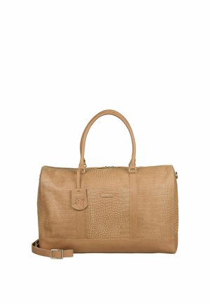 Bolsa de viaje de cuero color coñac con textura de cocodrilo, asas dobles, correa de hombro desmontable y etiqueta frontal con el logo de Burkely.