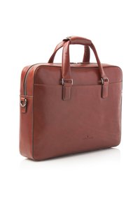Valigetta in pelle marrone con doppio manico superiore, chiusura a zip e cuciture a contrasto. Presenta una superficie liscia e un design minimali.