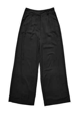 Schwarze weit geschnittene Hose aus glattem Stoff mit hohem Taillenbund, Falten-Details und seitlichen Taschen.