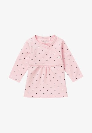 Pink babykjole med lange ærmer med sort hjerteprint, slå-om front og trykknap på brystet fra Noppies Baby, størrelse 56.