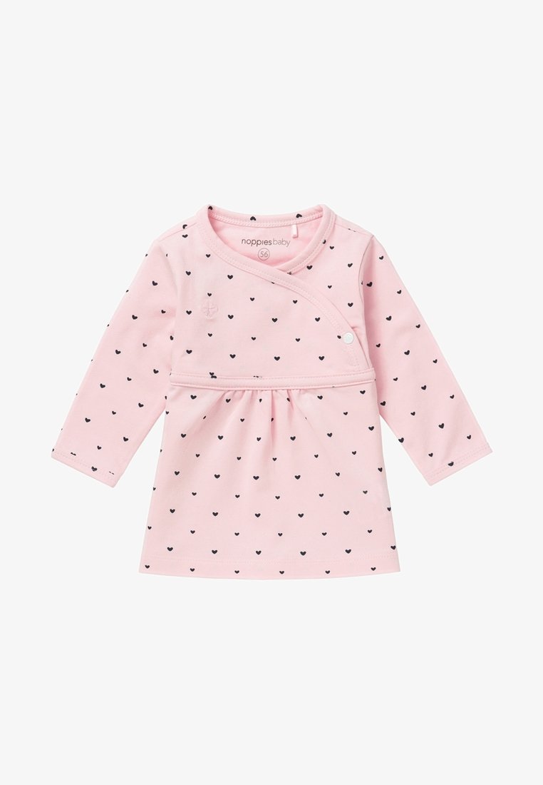 Robe bébé à manches longues rose avec motif de cœur noir, devant cache-cœur et bouton-pression sur la poitrine de Noppies Baby, taille 56.