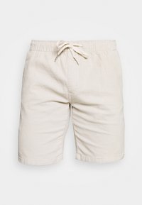 Shorts in corda beige con vita elastica e coulisse, dettaglio di cucitura anteriore e lunghezza a metà coscia.