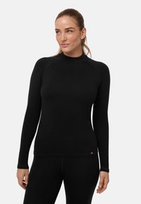 Maglia nera a maniche lunghe con colletto alto, realizzata in materiale morbido. Presenta un design aderente e dettagli di cucitura discreti. Nessun motivo visibile.