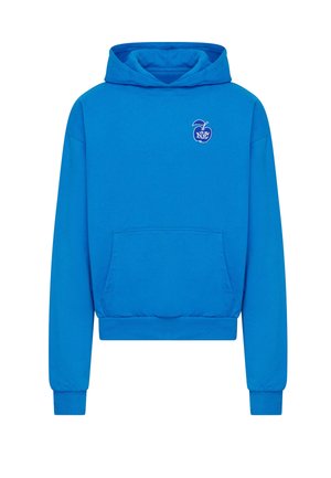 Blå cropped hoodie lavet af blødt stof. Har en forkrop lomme og et grafisk logo på venstre brystområde. Elastiske ærmer og talje.