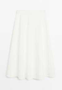 White A-line skirt made of lightweight fabric, featuring pleats, a mid-length design, and a waistband for a fitted look.