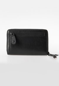 Black leather wallet featuring a textured finish, zip closure, and an external zip pocket. Compact rectangular shape with a minimalist design.