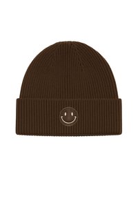 Brown ribbed knit beanie with a folded cuff, featuring a smiley face logo in a lighter color stitched on the front.