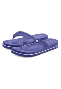 Violetit flip-flopit, joissa on tekstuurilla varustetut hihnat, pieniä niittejä ja valkoinen korostuslinja pohjissa. Kevyt, rento muotoilu.