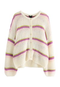Pletený kardigan v bílé barvě s pruhovaným vzorem růžové, zelené a fialové barvy. Má kulatý výstřih, šest knoflíků vpředu a volné rukávy.