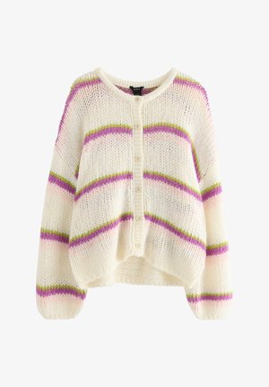Cardigan lavorato a maglia bianco con motivo a righe rosa, verde e viola. Presenta scollo rotondo, sei bottoni sul davanti e maniche ampie.
