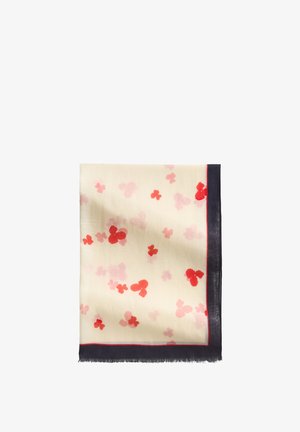 Silk scarf with a cream background and scattered red and pink floral patterns. Features a dark navy border with fringe detailing.