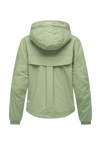 Light green jacket with a hood, featuring a panel across the back, elastic cuffs, and a subtle texture. No visible hardware or accents.