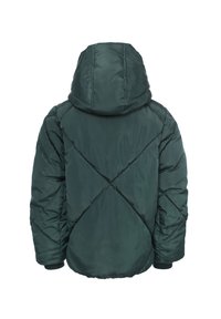 Donkergroene pufferjack met een capuchon, voorzien van een gewatteerd patroon en elastische manchetten. Gladde, glanzende textuur met diagonale stikselaccenten.