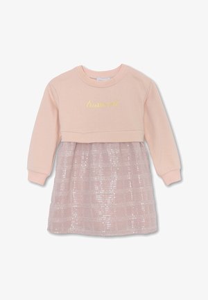 Vestito rosa chiaro a maniche lunghe con corpetto morbido e gonna texturizzata con paillettes, con il nome del marchio in corsivo dorato sul petto.