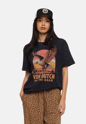 Von Dutch, T-SHIRT FEMME COL ROND REGULAR ACID WASH PRINT DEVANT ET DOS EAGLE - T-shirt imprimé - noir