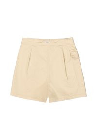 Bermudas de algodón beige con frente plano, pliegues y un bolsillo lateral. Presenta una cintura estándar y una textura suave.