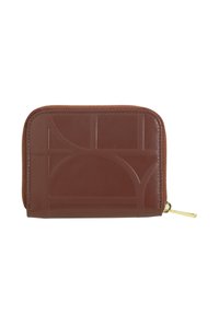 Brown leather wallet with a zip closure, featuring an embossed geometric pattern and a gold-tone zipper pull. Compact, rectangular design.