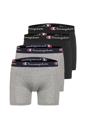 Set aus vier Herren-Boxershorts, zwei graue und zwei schwarze Paare, jeweils mit einem elastischen Bund mit Champion-Logo.