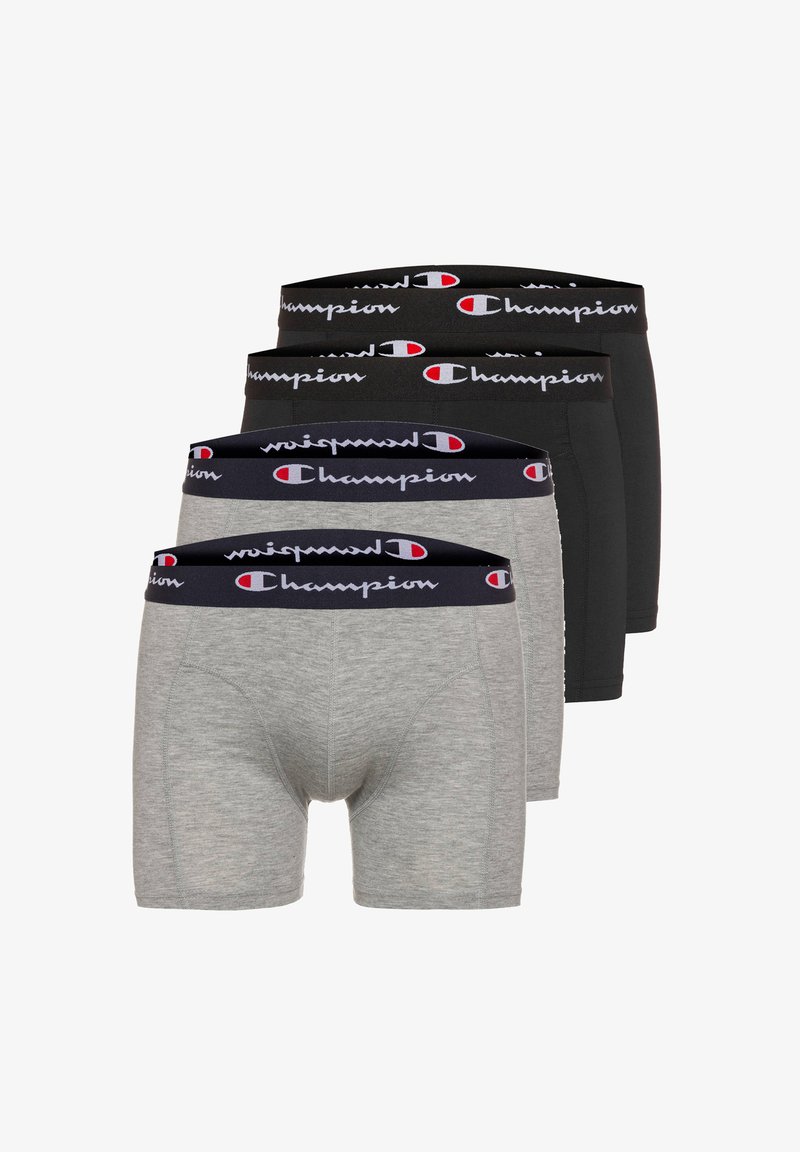 Set aus vier Herren-Boxershorts, zwei graue und zwei schwarze Paare, jeweils mit einem elastischen Bund mit Champion-Logo.