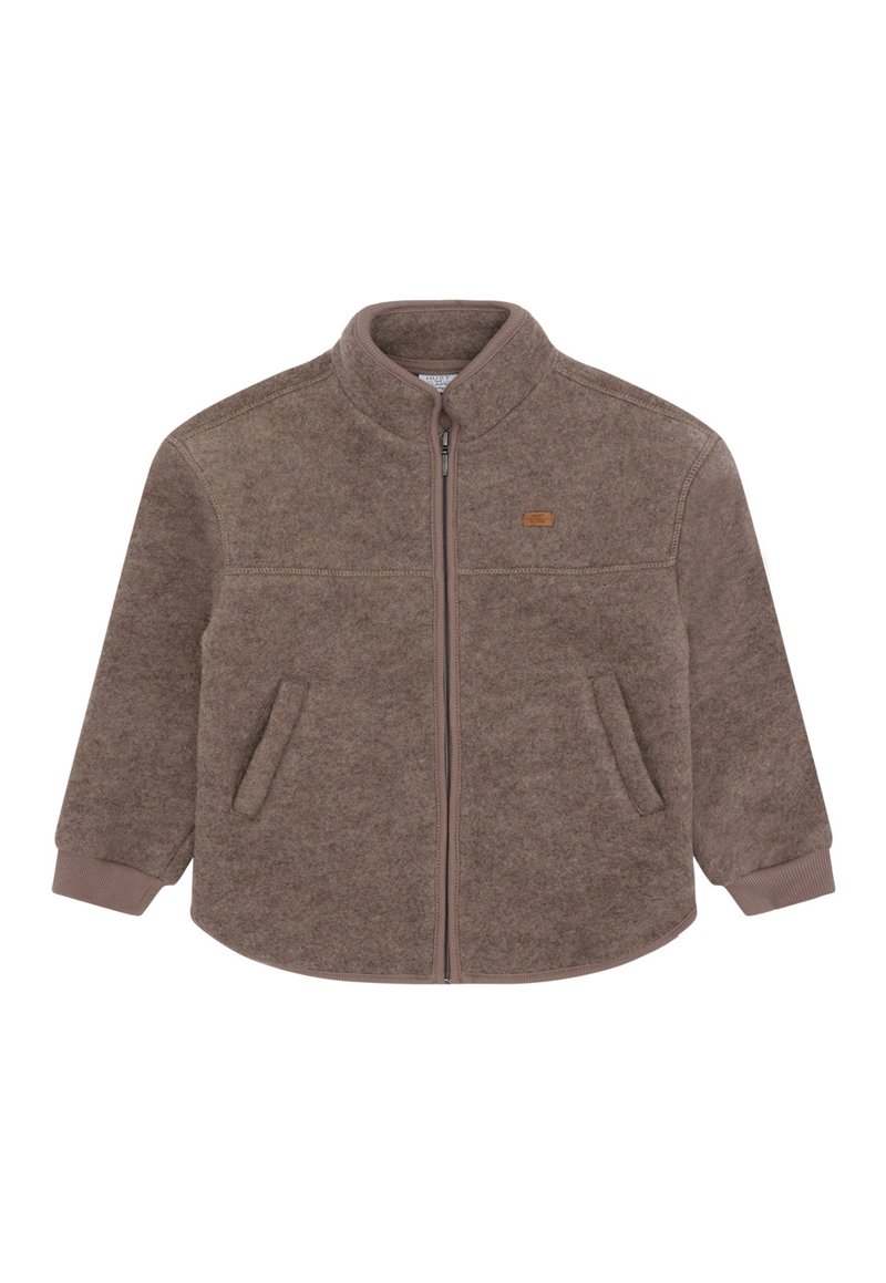 Braune Fleecejacke mit hohem Kragen, durchgehendem Reißverschluss, zwei Fronttaschen und gerippten Bündchen. Verfügt über eine strukturierte Oberfläche und dezente Branding-Elemente.
