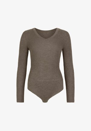 Langärmliger Body aus olivgrünem Rippstoff, mit V-Ausschnitt und taillierter Silhouette sowie nahtlosem Unterteil.