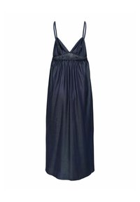 Robe midi sans manches bleu marine avec fines bretelles réglables, encolure en V, taille froncée et jupe fluide.
