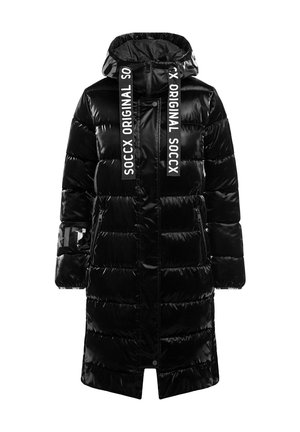 Black padded parka with a glossy finish, a hood, zip front, two side pockets, and white logo detailing on the front and sleeves.