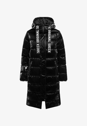 Black padded parka with a glossy finish, a hood, zip front, two side pockets, and white logo detailing on the front and sleeves.