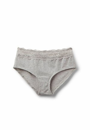 Gray women's underwear with a wide lace waistband, made of soft fabric, laid flat on a white background.