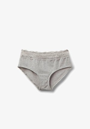 Gray women's underwear with a wide lace waistband, made of soft fabric, laid flat on a white background.