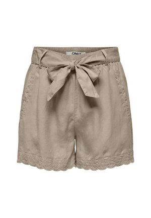 Shorts beige avec une ceinture en tissu, dotés d'une taille élastique et d'un motif floral brodé le long de l'ourlet. Texture en coton lisse.