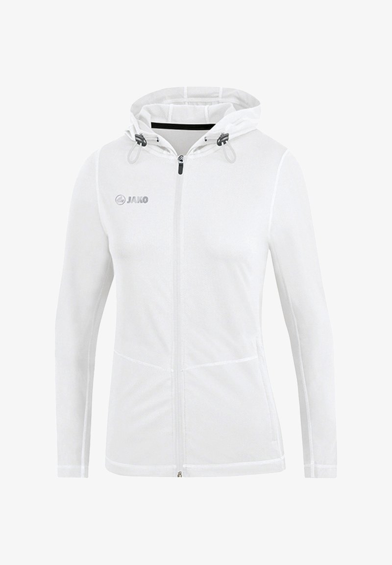 Veste blanche à capuche avec fermeture éclair intégrale, manches longues, cordons réglables et logo JAKO sur la poitrine gauche.