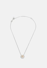 Silver necklace featuring a floral pendant with clear and yellow gemstones. The chain is delicate with links and a simple clasp.
