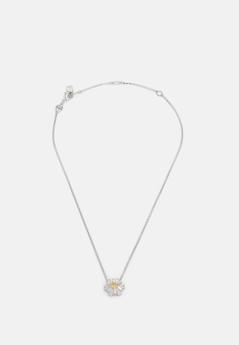 Silver necklace featuring a floral pendant with clear and yellow gemstones. The chain is delicate with links and a simple clasp.