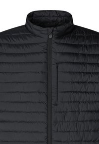 Black padded jacket with high collar, featuring a full front zipper and horizontal stitching details. Made from lightweight material.