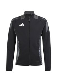 Schwarze Sportjacke mit grauen Akzenten, mit Reißverschluss vorne, Stehkragen und Seitentaschen. Verfügt über strukturierte Einsätze und Logodetail.
