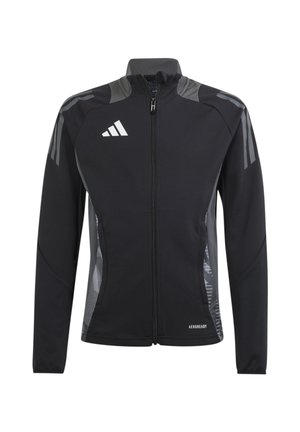 Zwarte sportjack met grijze accenten, rits aan de voorkant, staande kraag en zijzakken. Kenmerkt zich door gestructureerde panelen en logo-detail.
